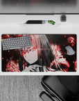 Impactful 32x16 mouse pad combines deep blacks, glowing reds, and sharp glitch details for visually striking yet functional visuals