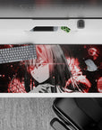Striking 36x16 mouse pad highlights piercing red eyes, intricate glitch effects, and digital overlays in stunning visual contrast