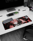 Small but impactful 32x12 mouse pad showcases anime-inspired futurism with striking crimson-and-black contrasts and sleek sophistication