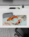 Compact 28x12 desk mat highlights koi fish and soft blue harmony for immersive tranquil vibes