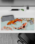 Intense 32x12 desk mat features koi fish, cherry blossoms, and clouds with intricate details for fans of Eastern art