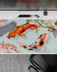 Elegant 40x20 desk pad showcases koi fish with soft blue backdrop and delicate clouds for serene workspace vibes