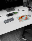 Iconic 14x10 desk mat celebrates Koi Fish Serenity with vibrant koi, cherry blossoms, and graceful cloud details