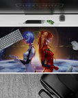 40x20 inches mouse pad with Rei Ayanami and Asuka Langley Shikinami, blending deep blues and fiery oranges in a celestial standoff for a powerful effect.
