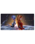 Mouse pad featuring Rei Ayanami and Asuka Langley Shikinami, 32x16 inches, with deep blues and fiery oranges for a bold, cosmic sunrise design.