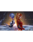 Mouse pad featuring Rei Ayanami and Asuka Langley Shikinami, 40x20 inches, against a cosmic sunrise with deep blues and fiery oranges for a striking contrast.