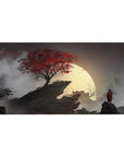 Samurai Moonlit Warrior desk mat 40x20 featuring lone samurai and crimson tree for bold traditional style