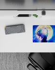 Sapphire-and-teal anime mouse pad 14x10 inches, calm cosmic vibe with golden moon and scattered stars.