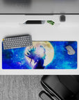 32x12 inches anime mouse pad in deep sapphire and teal tones, calm cosmic vibe with smooth tracking.