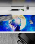 36x16 inches anime desk pad in deep sapphire and teal with calm cosmic vibe and smooth mouse tracking.