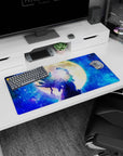 32x16 inches anime mouse pad showing a lone fighter punching skyward, bandaged arms, teal flame hair.