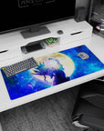 36x16 inches anime desk pad showing lone fighter fist raised, teal flame hair, bandaged arms, moonlit sky.
