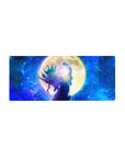 28x12 inches anime mouse pad with warrior under a giant golden moon, teal hair, starry galaxy backdrop.