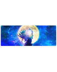 32x12 inches anime mouse pad with lone warrior under a golden moon and starry galaxy backdrop.
