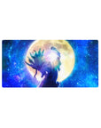 32x16 inches anime mouse pad with warrior under a golden moon, teal hair, starry galaxy backdrop.