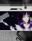 40x20 inches anime desk pad in midnight violet tones, soft glow, plum sailor outfit, magical star specks.
