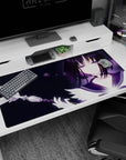 40x20 inches desk pad showing a teasing anime girl with ribbon wand, golden tiara, and shimmering purple eyes.
