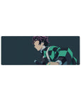 Anime mouse pad 32x12 inches featuring Tanjiro from Demon Slayer, teal-black haori on a navy-blue background, minimalist style.