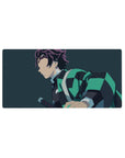 Anime mouse pad 32x16 inches featuring Tanjiro's teal-black haori from Demon Slayer on a navy-blue background.