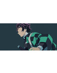 Anime mouse pad 36x16 inches featuring Tanjiro from Demon Slayer with teal-black haori on navy-blue background.