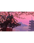 Desk pad featuring cherry blossom design, 40x20 inches, with sakura petals, temple rooftops, and Mount Fuji for a serene balance of nature and heritage.