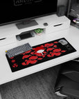 Artistic 32x12 inches mouse pad featuring Uchiha Clan design, with Sharingan symbols, Uchiha fan, and red clouds on a black background for a powerful effect.
