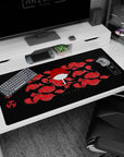 Large 40x20 inches mouse pad featuring Uchiha Clan design, blending Sharingan symbols, Uchiha fan, red clouds, and black background for an intense look.