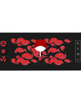 Mouse pad featuring Uchiha Clan design, 36x16 inches, with Sharingan symbols, Uchiha fan, fiery red clouds, and a bold black background for a dramatic effect.