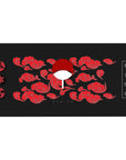 Mouse pad featuring Uchiha Clan design, 40x20 inches, with iconic Sharingan symbols, Uchiha fan, red clouds, and a striking black background for a powerful visual.