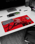 Anime mouse pad 32x16 inches featuring Ann Takamaki as Panther from Persona 5, with a bold red background and dynamic pose.