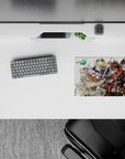 Bold red-and-steel gray anime mouse pad 14x10 inches, high-contrast action vibe on a pale background.