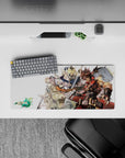 28x12 inches anime mouse pad in warm reds and steel grays, crisp linework on a calm pale background.