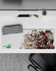 Red and steel gray anime mouse pad 32x12 inches on a pale background, crisp linework for long sessions.