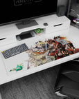 36x16 inches anime desk pad featuring Sol Badguy front and center with Ky Kiske behind, mid-rush poster scene.