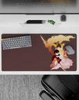 32x16 inches anime mouse pad in sunset orange, gold, and blush pink with dreamy minimal faces and warm glow.