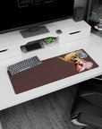 32x12 inches anime mouse pad showing three dark-haired heroes in a protective embrace amid swirling flames.