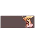 32x12 inches anime mouse pad with three heroes hugging, flame plume backdrop, smoky ribbons, staff weapon.