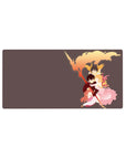 32x16 inches anime mouse pad with three heroes hugging, flame plume frame, staff weapon and smoky ribbons.
