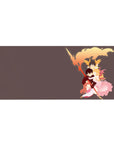 Anime desk pad 36x16 inches with three heroes hugging, flame plume backdrop, staff weapon and smoky ribbons.