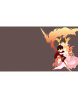 Anime desk pad 40x20 inches with three heroes hugging, flame plume frame, staff weapon, clean negative space.