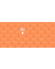 Anime desk pad 36x16 inches with repeating sleepy orange hamsters and a grinning girl in the pattern.