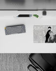 Grayscale anime mouse pad 14x10 inches with calm, airy city backdrop and bold shading, clean modern mood.