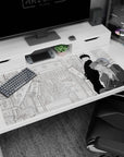 40x20 inches anime desk pad featuring stoic schoolboy and deadpan suited man on a lantern-lit street scene.