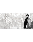 36x16 inches anime desk pad with manga-style shopping street, lantern signs, banners, crisp linework.