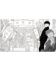 40x20 inches anime desk pad, manga-style shopping street with lantern signs, banners, and crisp linework.
