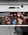 Anime mouse pad featuring Persona 5 characters with a dark twist, 36x16 inches, eerie eyes and bold colors for fans.