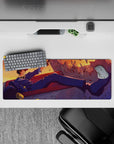Cinematic action 32x12 mouse pad featuring Spike Spiegel mid-shootout, with golden hues, shell casings, and debris for an intense Cowboy Bebop vibe