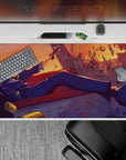 Cinematic action 40x20 desk pad with Spike Spiegel mid-shootout, golden sunset hues, and effortless swagger for a perfect Cowboy Bebop tribute