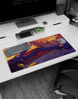 Action-packed 32x16 mouse pad featuring Spike Spiegel in a cinematic shootout scene, with golden sunset hues, shell casings, and debris for a bold look