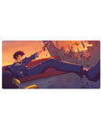 Spike Spiegel 32x16 mouse pad featuring a mid-shootout scene with golden sunset hues, shell casings, and effortless swagger for an action-filled desk